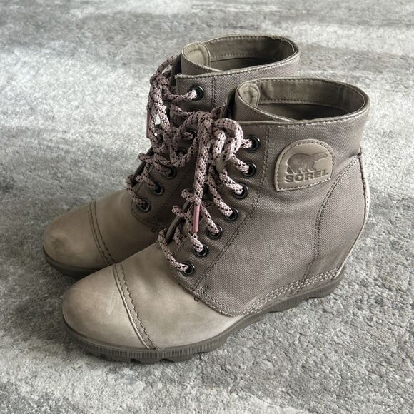 Sorel PDX Wedge Ankle Bootie Womens 10 Leather Boots Gray Brown Joan Of Arctic - Picture 6 of 12